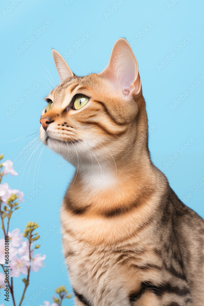 happy cat with pink flowers, blue background