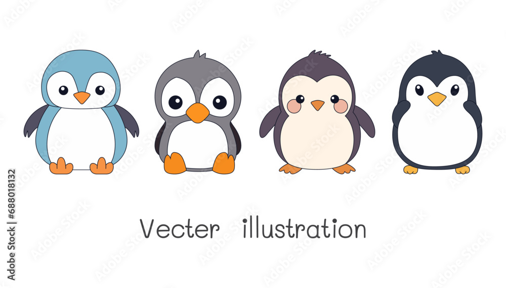 Set of clip art cartoon bird penguin isolated on the background. Ready to apply to your story book, digital product, mockup, template, t-shirt design. Vector illustration. Set of clip art cartoon bird penguin isolated on the background. Ready to apply to your story book, digital product, mockup, template, t-shirt design. Vector illustration.