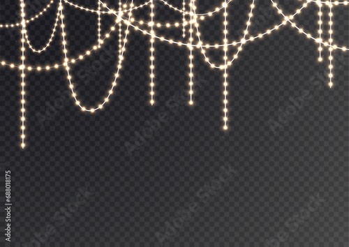 Festive Christmas gold garlands, dust, sparkle, and a star. Decorative element for greeting cards, invitations, backgrounds, business cards. Winter collection Christmas background. Light glow sparkl.