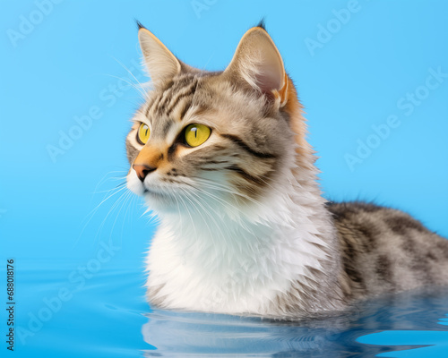 cat in the water, blue background