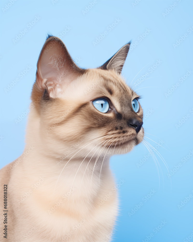 cream and brown blue eyed young cat looking off to the side, blue background