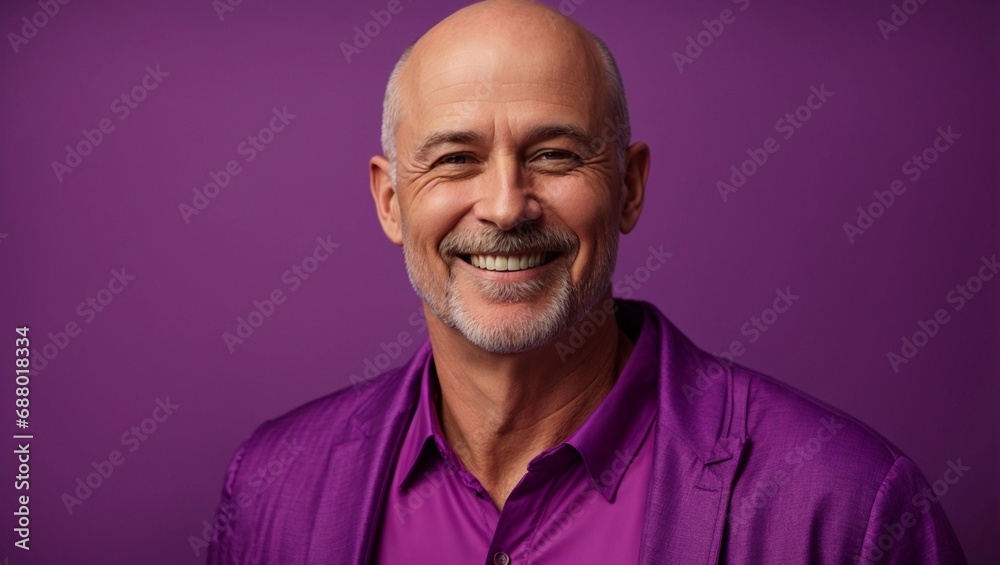 Obraz premium middle age caucasian bald man smiling and laughing wearing bright violet clothes. Bright solid purple background