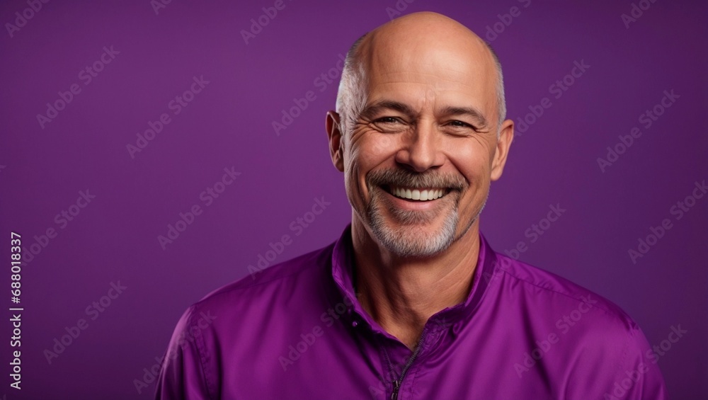 Obraz premium middle age caucasian bald man smiling and laughing wearing bright violet clothes. Bright solid purple background