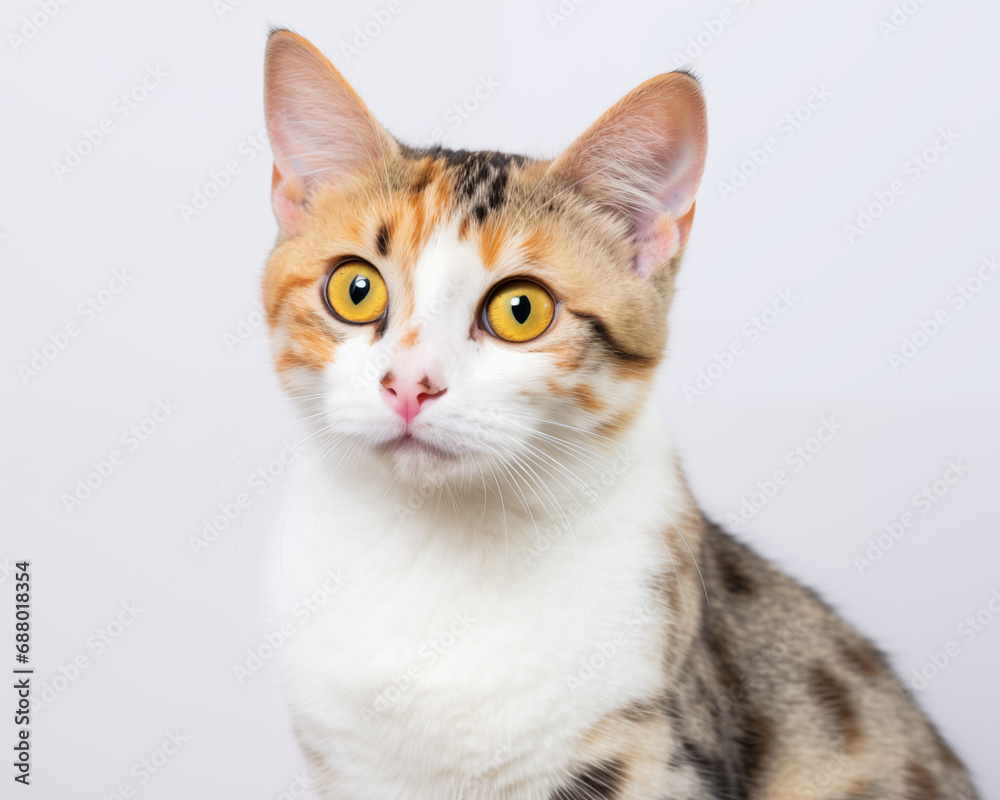 yellow eyed cat with nose freckles and lots of colours in its fur