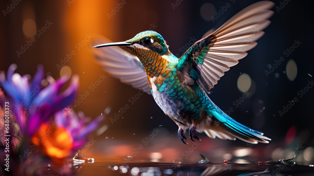 Obraz premium Colorful Hummingbird amidst the vibrant flowers