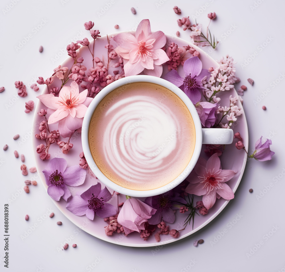 Cup of coffe with flowers on a plate. Flat lay. Cup of coffe with flowers on a plate. Flat lay.
