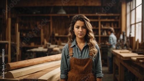 Young female carpenter standing confident as wood designer in wood working shop