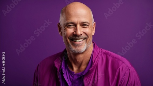 middle age caucasian bald man smiling and laughing wearing bright violet clothes. Bright solid purple background