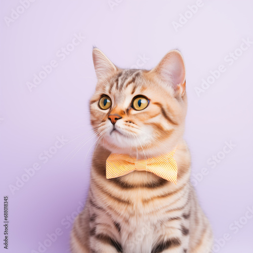 cat wearing an orange yellow bowtie on lilac background