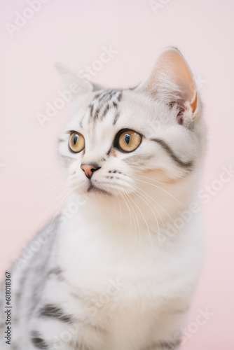 pretty cat with unusual fur markings on pale pink background