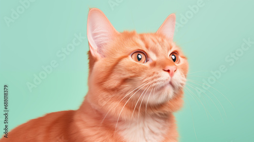 orange tabby cat on contrasting mint green background