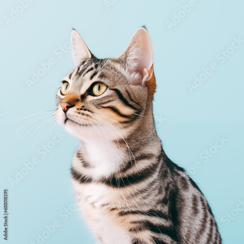 tabby cat on pale blue background © Jewel