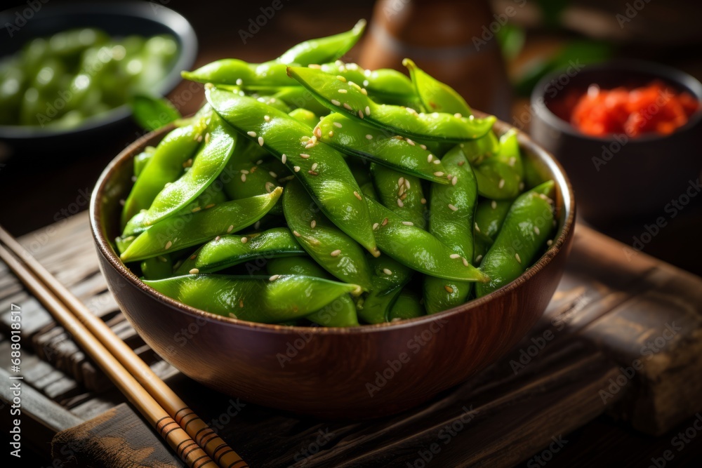 A detailed image of a healthy serving of salted edamame beans in a rustic setting A detailed image of a healthy serving of salted edamame beans in a rustic setting