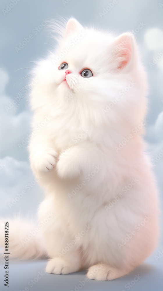 fluffy kitten on hind legs against a cloudy sky