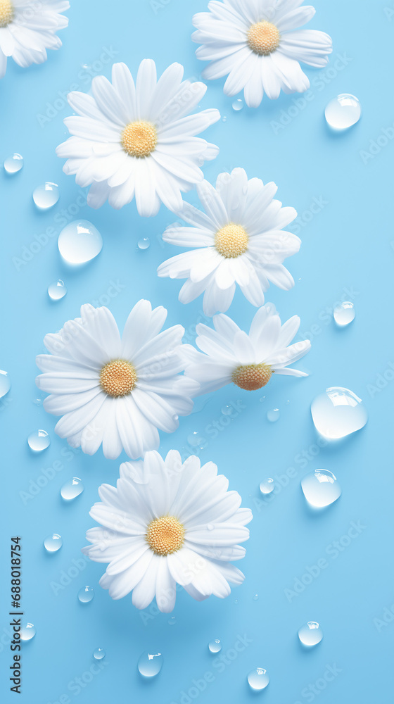 White flowers on a pastel blue background. Spring concept.