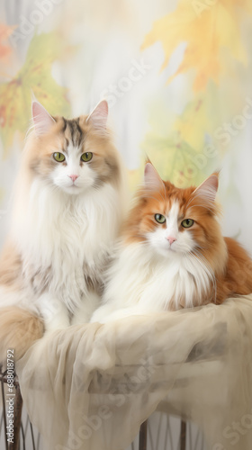 two long haired maine coon cats posing on a table covered with organza material