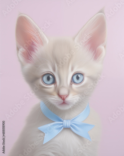 gorgeous drawn style image of a young grey kitten wearing a blue neck bow against a pink background