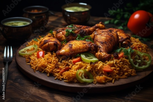 A vibrant dish of Jollof rice paired with grilled chicken, showcasing the rich flavors of West African cuisine
