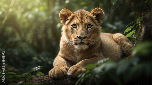 portrait of a lion cub in a jungle background photo