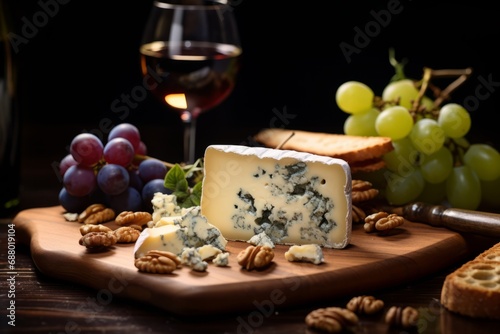 A deliciously arranged still life of French Roquefort cheese, served with red wine, grapes, and a crispy baguette