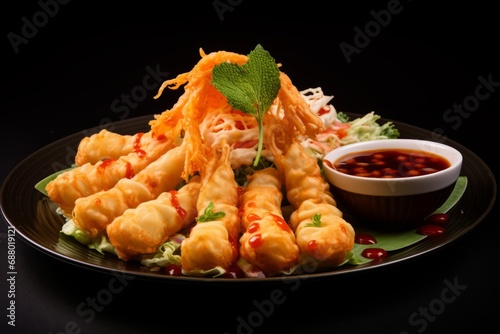 A beautifully presented assortment of vegetable and seafood tempura, accompanied by a flavorful dipping sauce