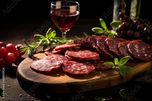 An enticing display of thinly sliced salami, paired with olives, basil, and a glass of fine red wine