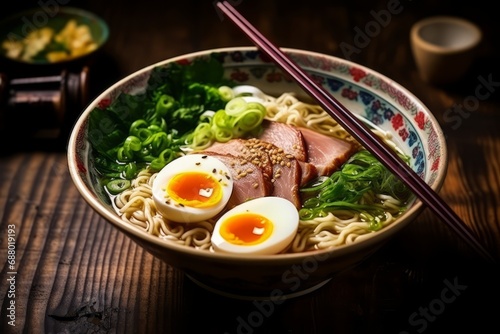 Delicious bowl of hot ramen noodles, topped with pork slices, seaweed, and a soft-boiled egg, presented on a rustic table setting