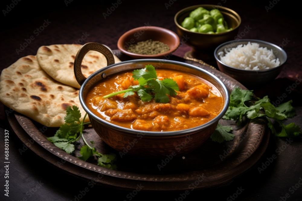 Goan Xacuti Curry Served in a Rustic Setting with Steamed Rice and Freshly Baked Naan Bread Goan Xacuti Curry Served in a Rustic Setting with Steamed Rice and Freshly Baked Naan Bread