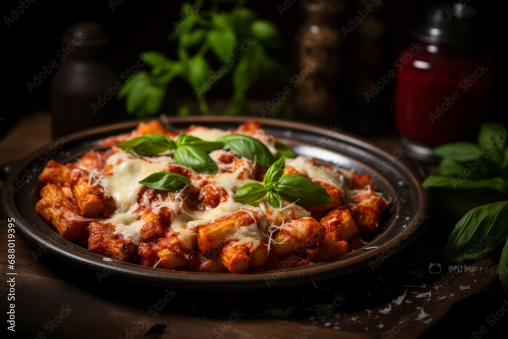 An inviting serving of oven-baked Ziti al Forno, topped with melted cheese and garnished with fresh basil, paired with a glass of red wine