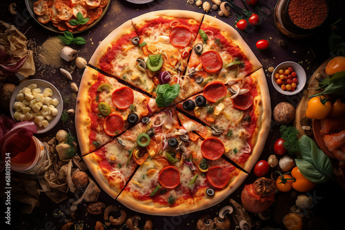 pizza with pepperoni, olives, and mushrooms, surrounded by ingredients like garlic, tomatoes, and spices on a dark table, ai generative