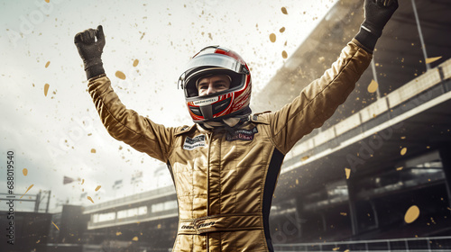 a race car driver in a gold suit, arms raised in victory, amidst falling gold confetti in a stadium setting, ai generative