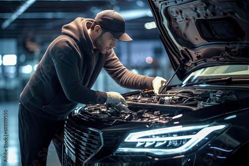 man in a gray hoodie and gloves, diligently working on the engine of a black luxury car in a garage, ai generative © larrui