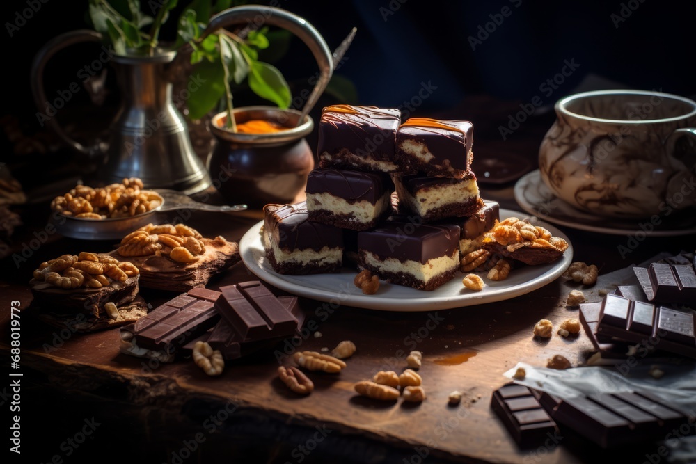 An enticing display of traditional Canadian Nanaimo bars, artistically presented on a weathered wooden surface
