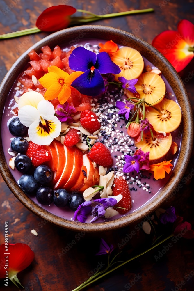 A nourishing gluten-free rainbow smoothie bowl with a blend of fruits, berries and decorative edible flowers A nourishing gluten-free rainbow smoothie bowl with a blend of fruits, berries and decorative edible flowers