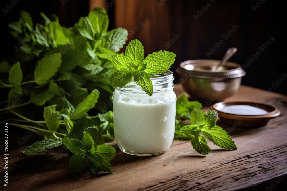A morning scene featuring a jar of freshly made soured milk on a rustic table, kissed by the first rays of sun A morning scene featuring a jar of freshly made soured milk on a rustic table, kissed by the first rays of sun