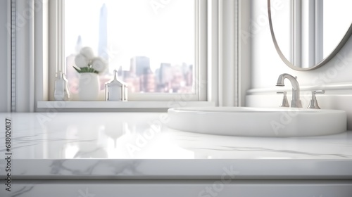 A clear  open tabletop for product display against a softly blurred white bathroom setting