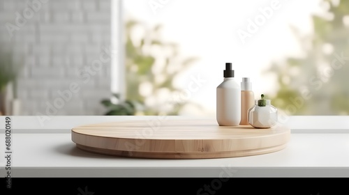 Empty wooden tray for product display on a white table top with blurred bathroom interior background