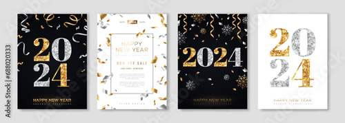 Merry Christmas and New Year posters set with gold and silver confetti, 2024 numbers. Vector illustration. Winter holiday invite, snowflakes and streamers. Minimal flyer, brochure voucher template.
