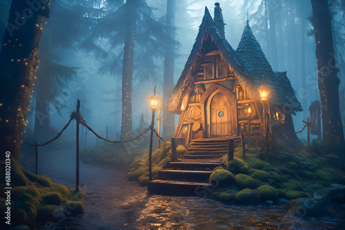 Baba yaga's hut in an enchanted forest photo