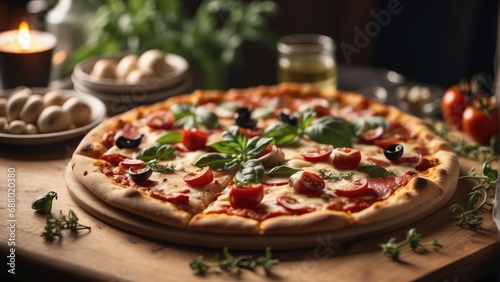 pizza with mushrooms and tomatoes background photo