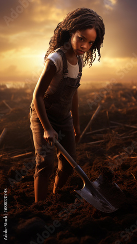 11 year old girl , digging a land with shovel, black american 19th century, depth of field photo