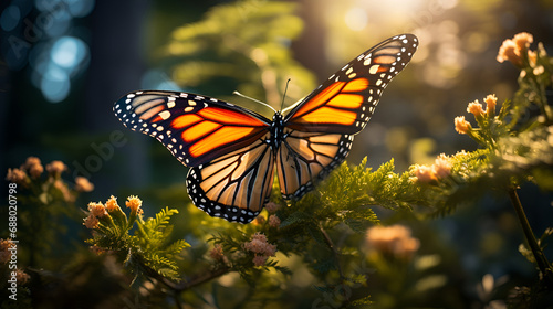 Βutterfly on flower closeup, Springtime, Spring nature, wild flowers field. Generative AI,A close-up view of a Monarch butterfly's proboscis, delicately extended to sip nectar from a wildflower, revea photo