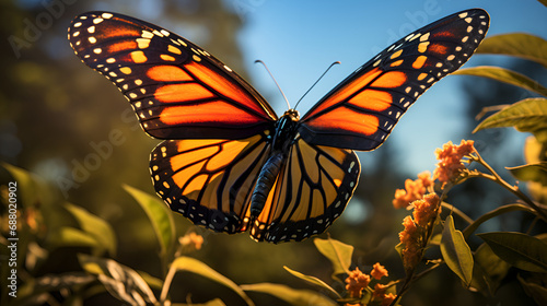 A beautiful butterfly perched on top of a vibrant yellow flower. Perfect for nature lovers and garden enthusiasts, A close-up of a delicate monarch butterfly in mid-flight symbolizing the awe-inspiri  © Micro