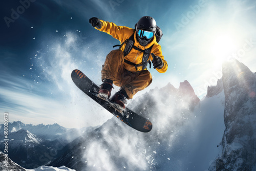 Snowboarder in Yellow Jacket Shredding the Mountain