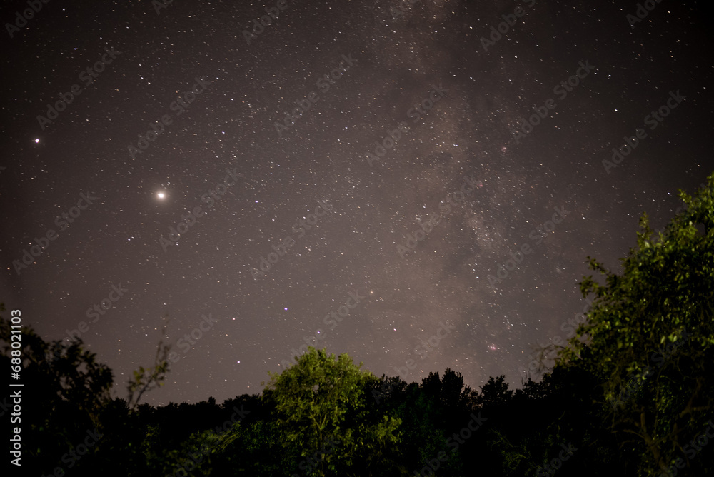 The milky way galaxy observed from a dark place in the middle of the wild forest. Planet Jupiter and Saturn in conjunction in a starry night sky