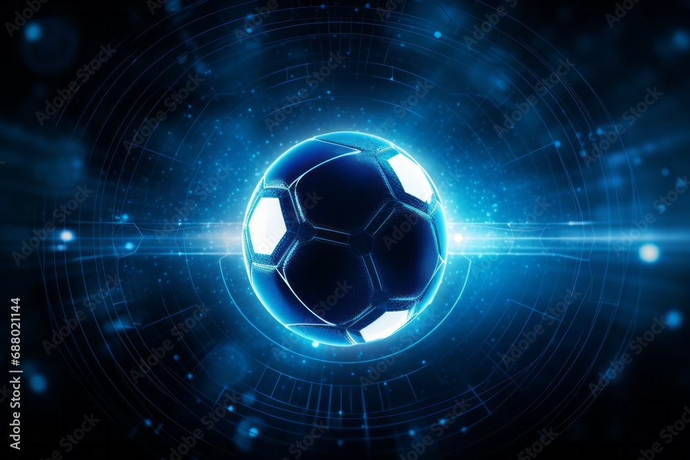 Fototapeta premium Artistic glowing blue championship soccer ball or football on a blue background with copy space in a conceptual image