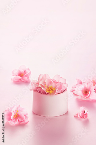 Rose wallpaper for product display, displaying products on roses, pink background © Han