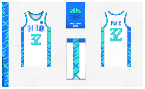 Basketball uniform mockup template design for sport club. Basketball jersey, basketball shorts in front and back view. Basketball logo design. 