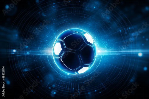 Artistic glowing blue championship soccer ball or football on a blue background with copy space in a conceptual image