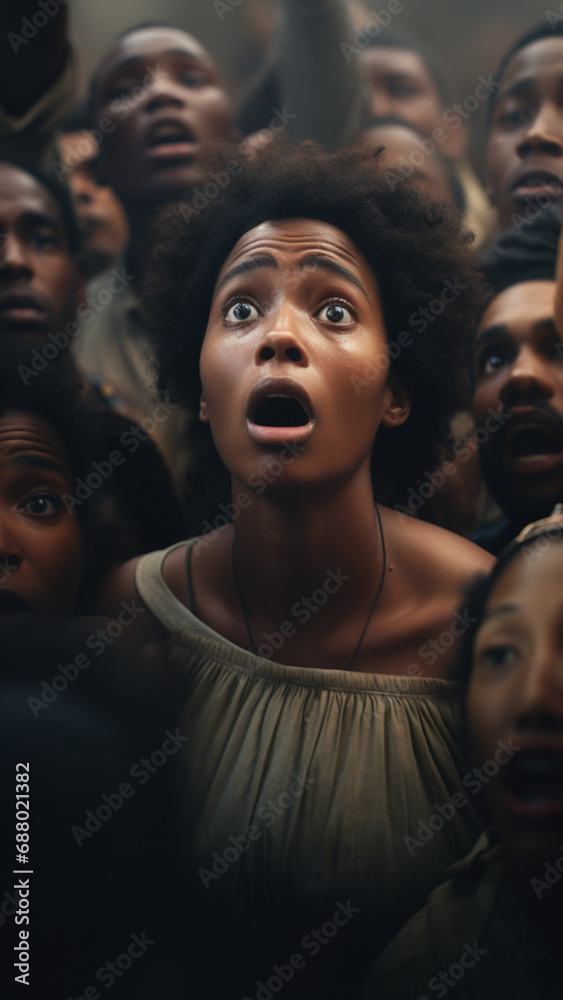 shocked crowd of black people, black american, 19th century, depth of field shocked crowd of black people, black american, 19th century, depth of field